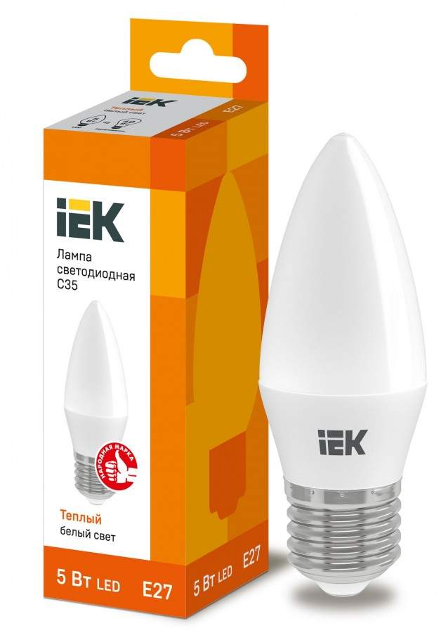 

Лампа светодиодная IEK, E27, 5W, 3000K, "Свеча", арт. 562409 - (10 шт.)