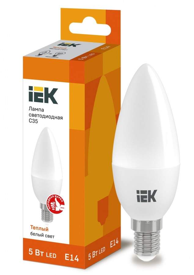 фото Лампа светодиодная iek, e14, 5w, 3000k, "свеча", арт. 562407 - (10 шт.)