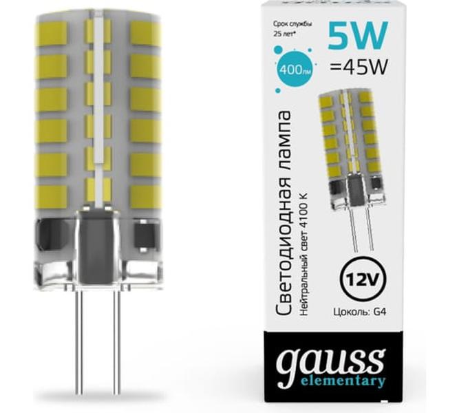 

Лампа Gauss elementary g4 12v 5w 400lm 4100k силикон led 1/20/200 18725