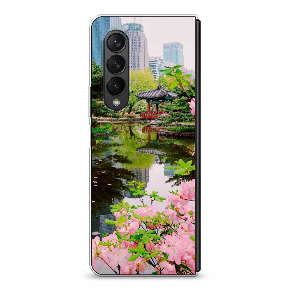 

Чехол на Samsung Galaxy Z Fold 3 "Сакура возле озера", Зеленый;розовый;голубой, 2103650-2