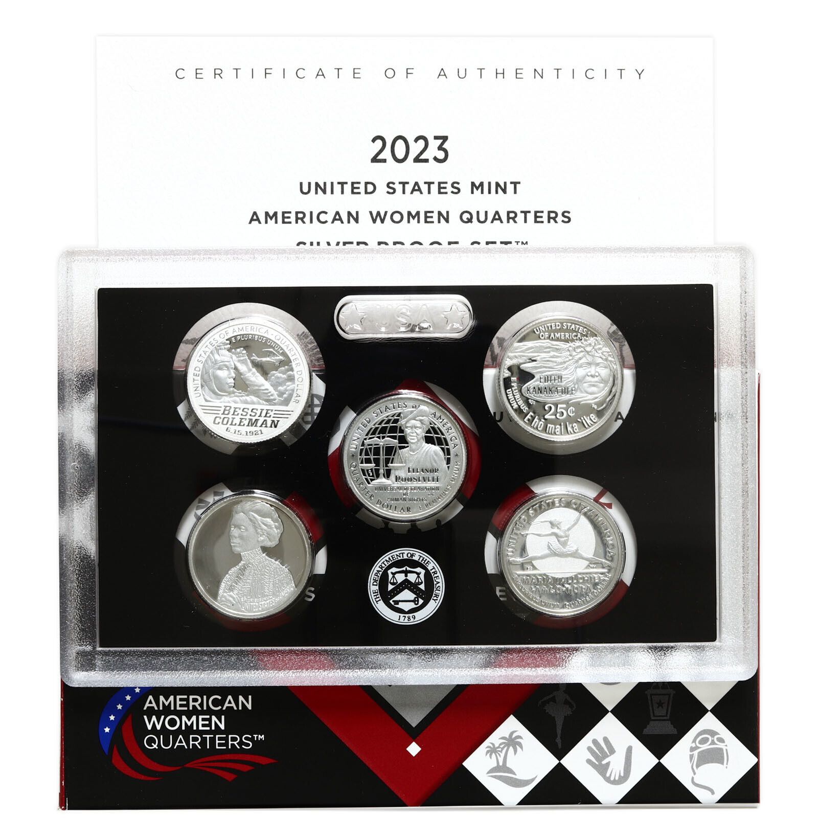 Набор из 5-ти серебряных монет 25 центов 999 пробы Американские женщины, S США 2023 Proof