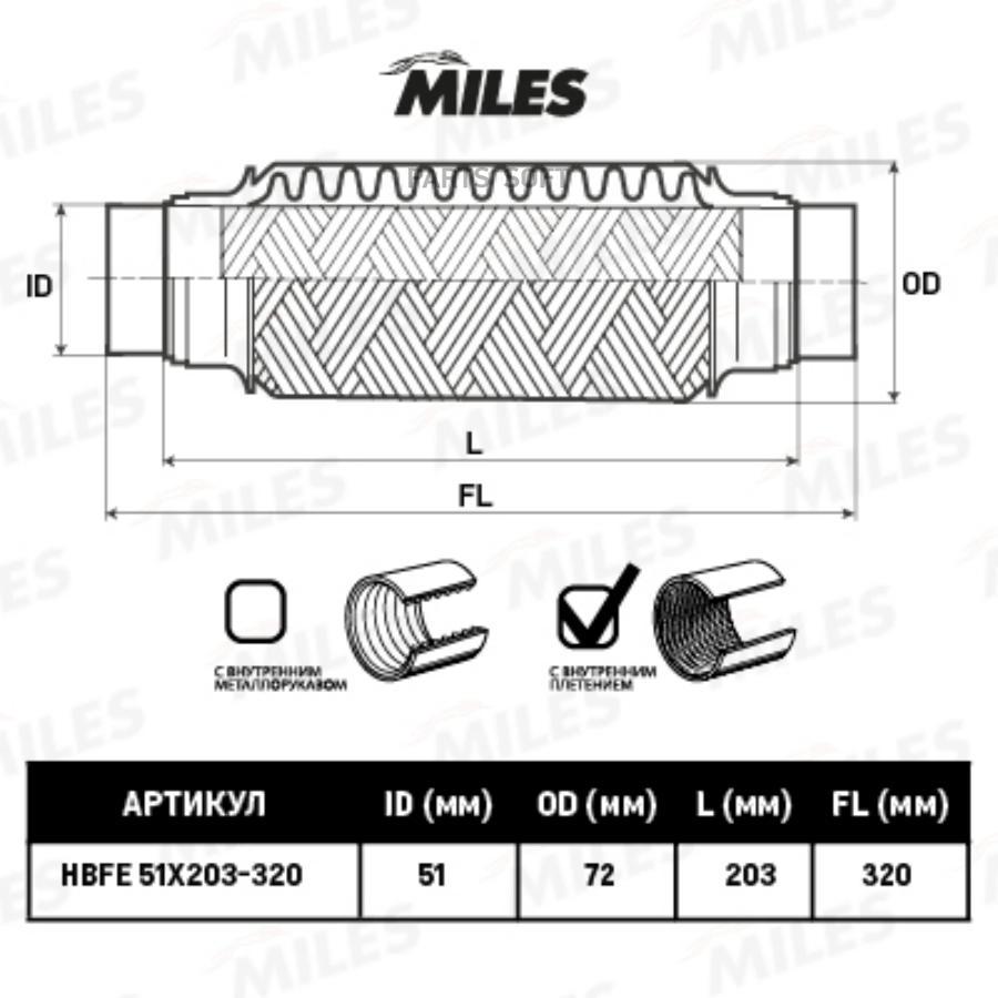 

MILES HBFE51X203-320 Труба гофрированная (гофра) патрубками и внутренним плетением 51X203-