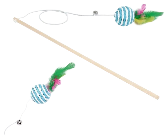 Игрушка для кошек Пижон дразнилка-удочка, с плетеным шариком и цветными перьями, голубой