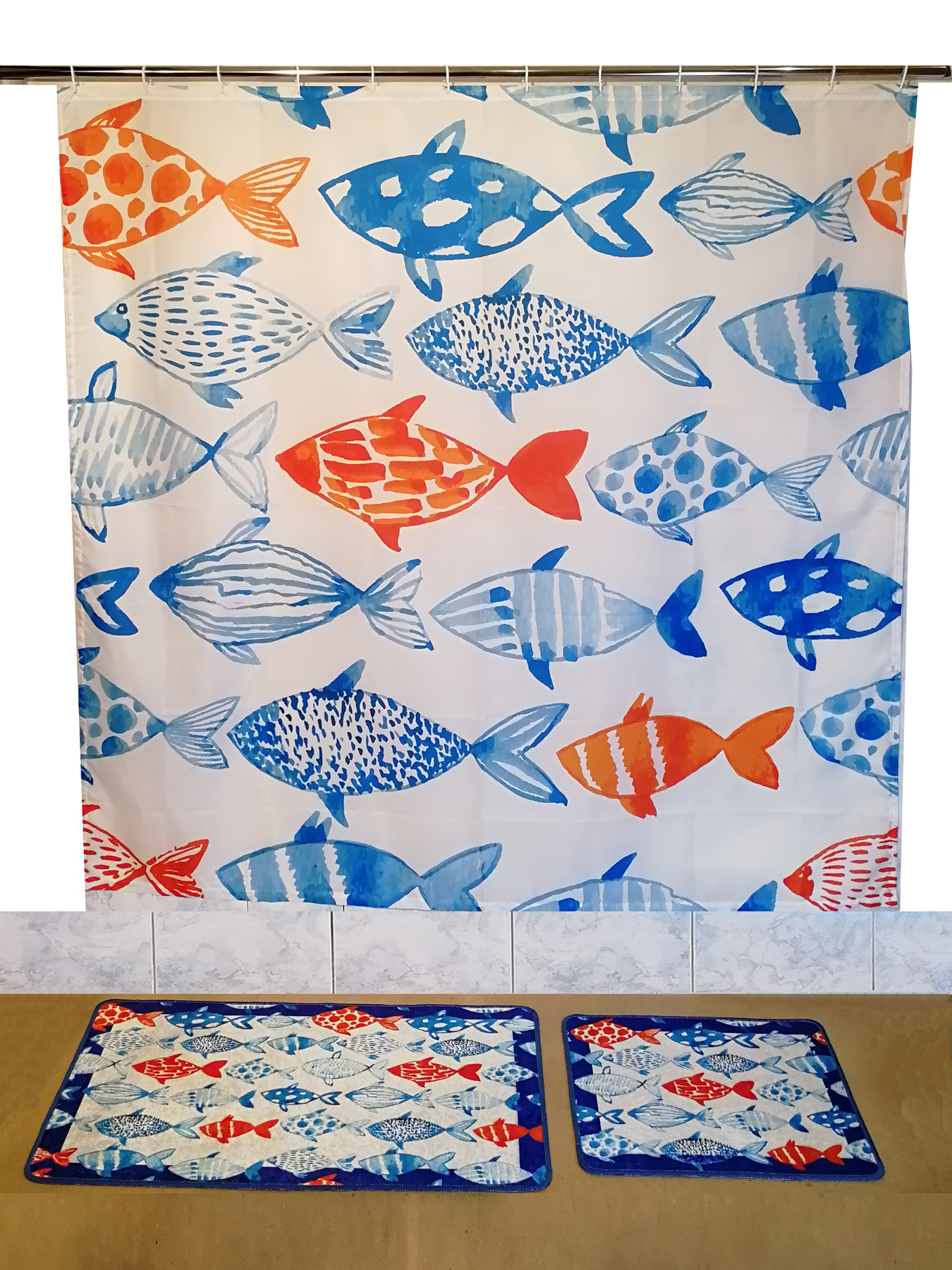 фото Набор для ванной подарочный: комплект ковриков и занавеска (шторка), chilai home, рыбы