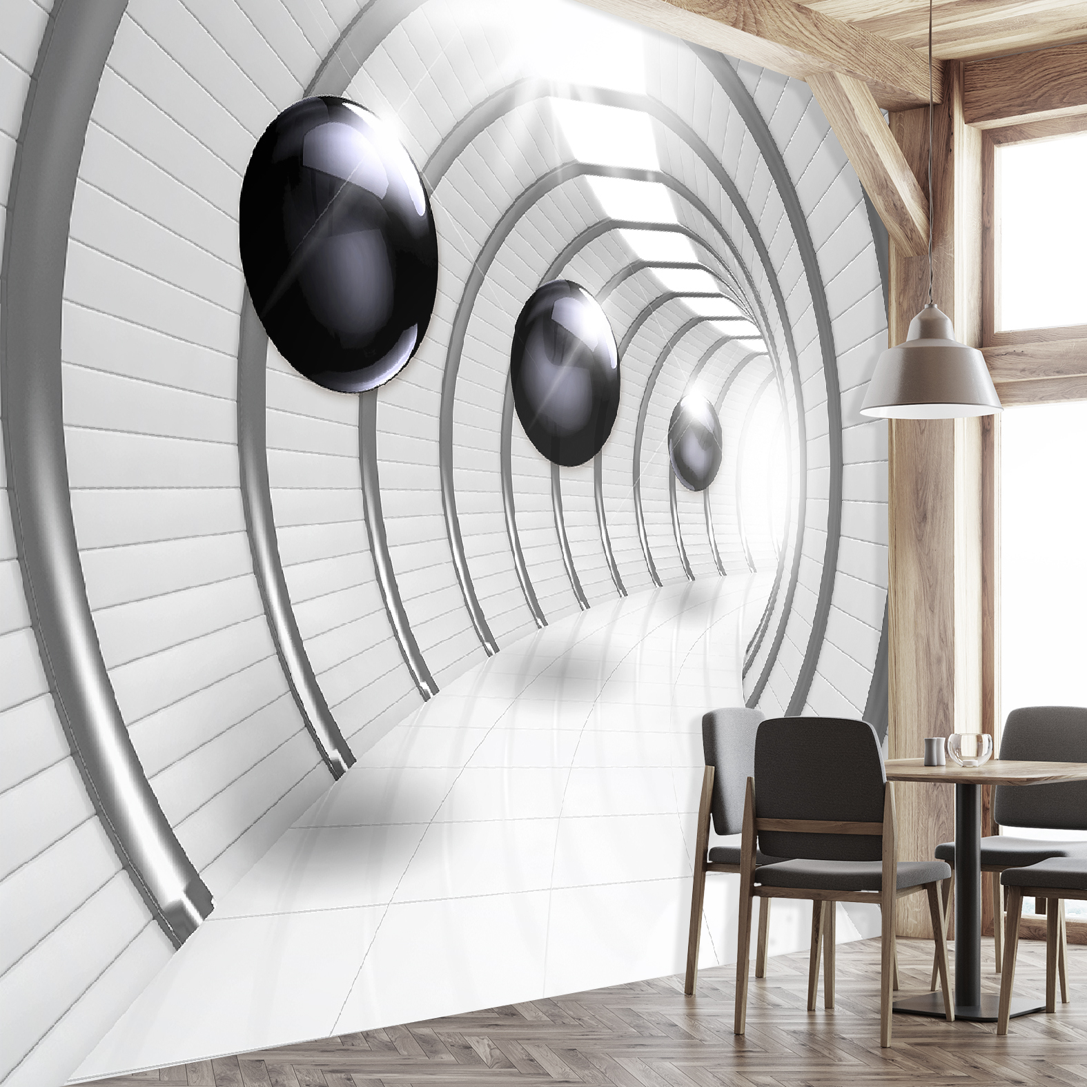 Фотообои Photostena 3D черные шары в полукруглом тоннеле 3,56 x 2,6 м