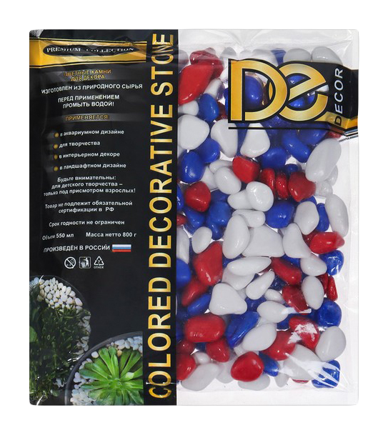 Грунт для аквариума DECOR DE, белый, синий, красный, 800 г, фр 8-12 мм
