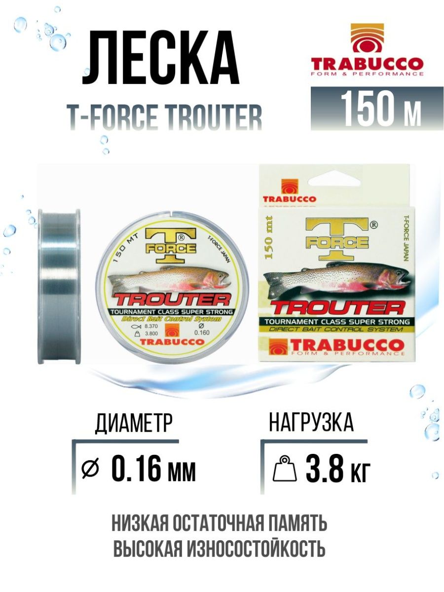 

Монолеска Trabucco T-Force Trouter 150m Light Grey 0.160mm/3.80kg, T-Force Trouter