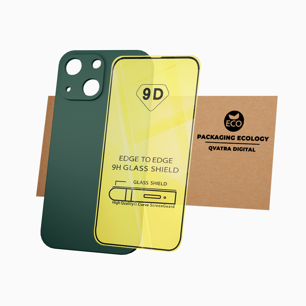 фото Чехол накладка qvatra с защитой камеры для iphone 13 зеленый + стекло