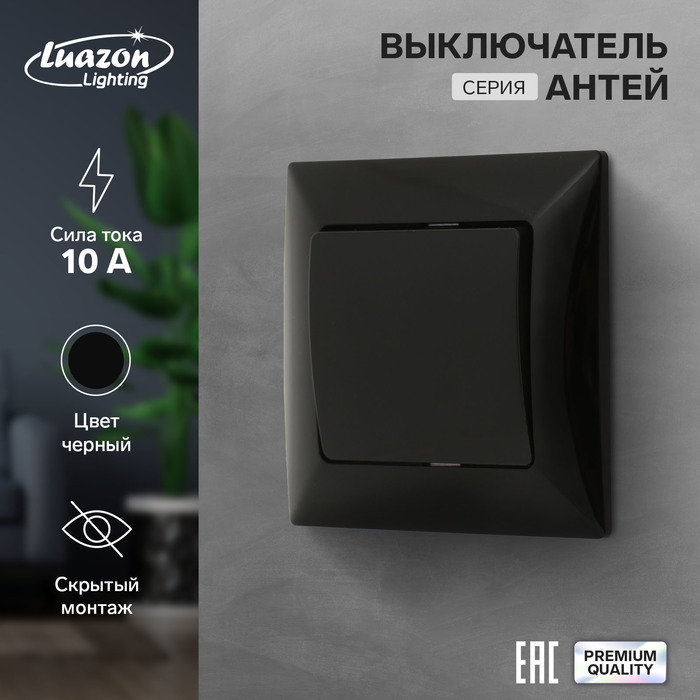 Выключатель Luazon Lighting Антей, 10 А, 1 клавиша, скрытый, черный удлинитель luazon lighting 2 евро 2 унив роз 3 м 2200вт 2х0 75 мм2 3хusb с выключателем чёрный