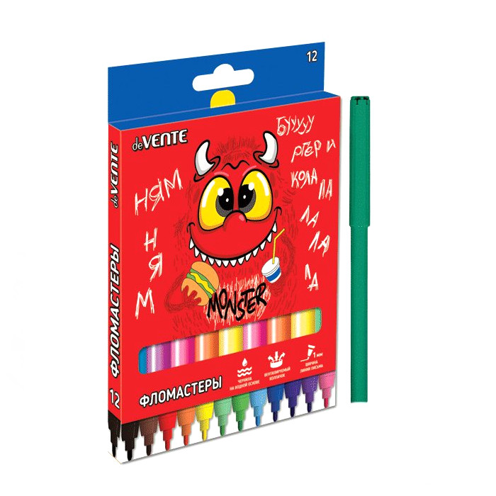 Фломастеры deVENTE 12 цветов Monster вентиляционный колпачок картонная упаковка
