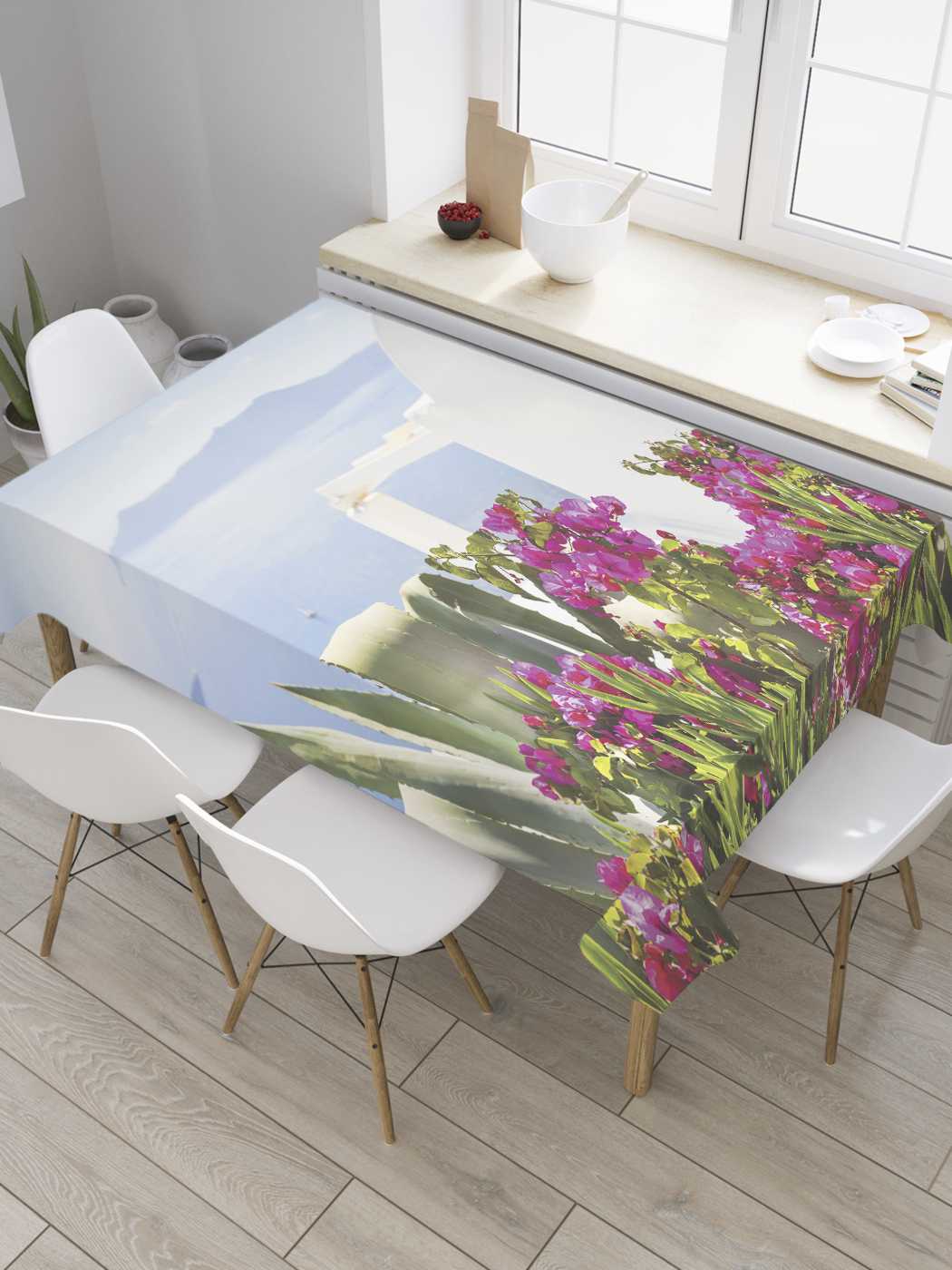 

Скатерть прямоугольная JoyArty "Цветы у моря" из оксфорда, 180x145 см, Розовый, Цветы у моря