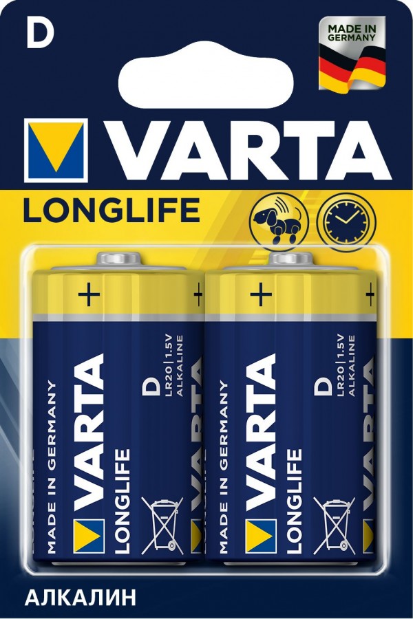 

Батарейки Varta 4120.113.412 LONGLIFE LR20/373 BL2, комплект 2 батарейки (1 упак. х 2шт.), 15385