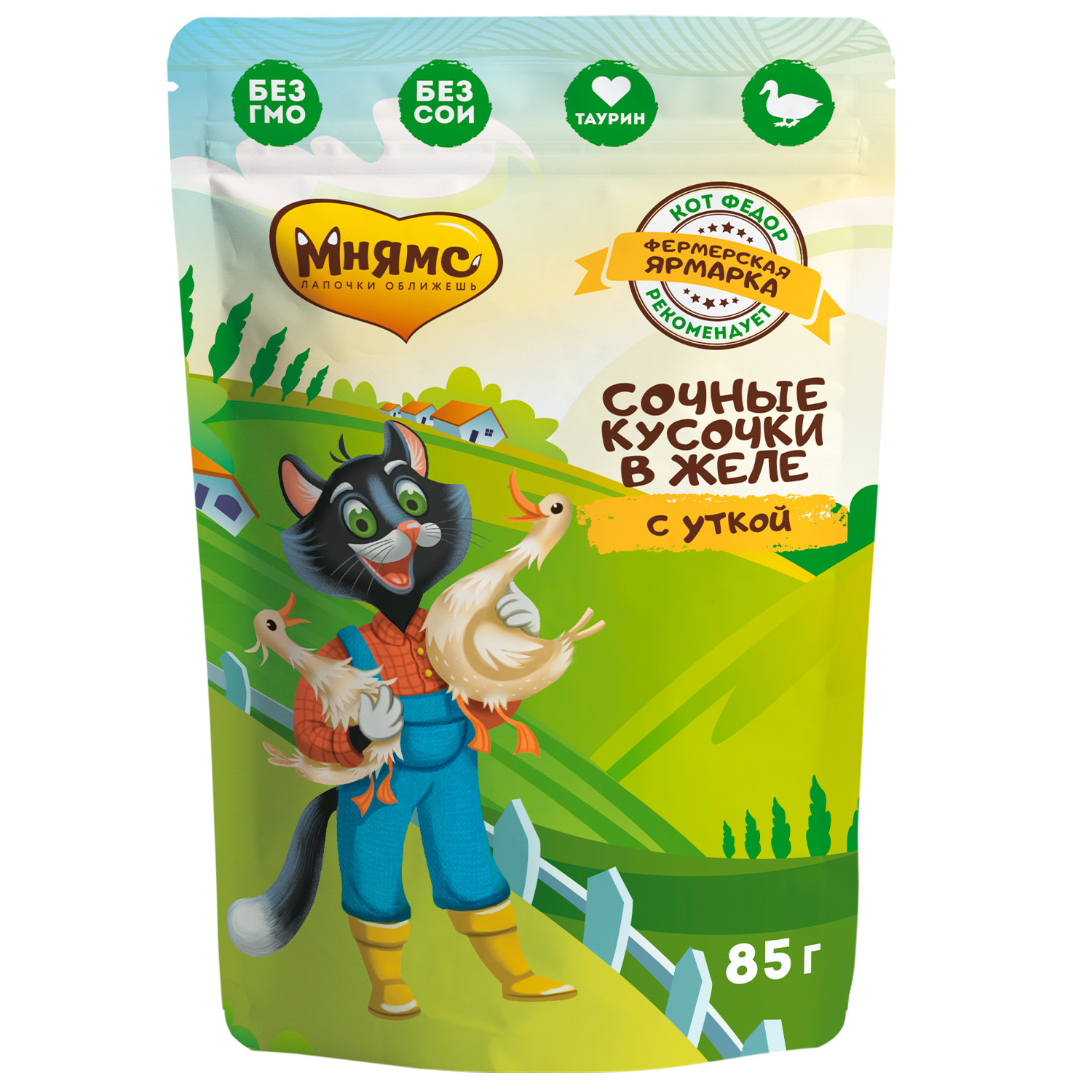 

Влажный корм для кошек Мнямс Фермерская ярмарка с уткой, сочные кусочки в желе, 85г