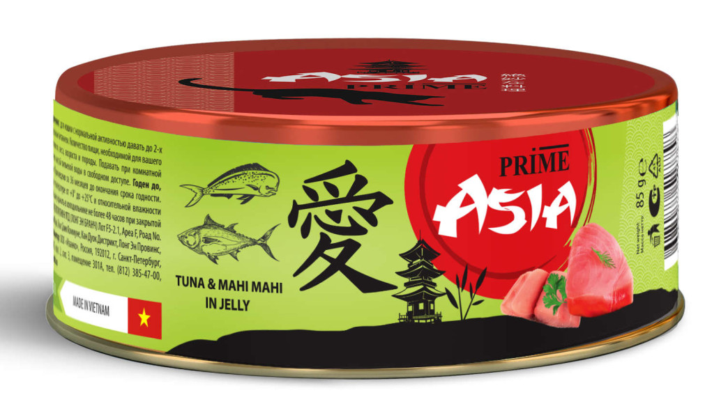 

Консервы для кошек Prime Asia консервированный, тунец с рыбой махи-махи в желе, 85 г, Aisa