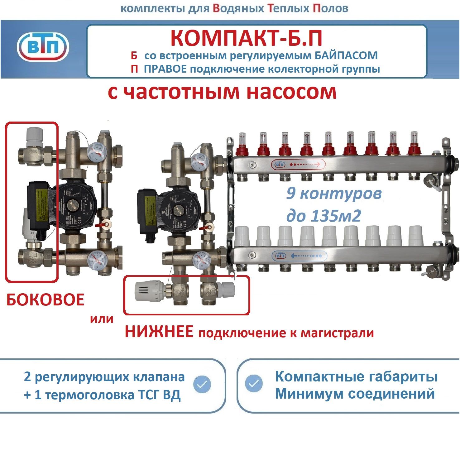 Коллекторы теплого пола ВТП КОМПАКТ-Б.П (с байпасом) 9 контуров справа, НСУ +частотн насос