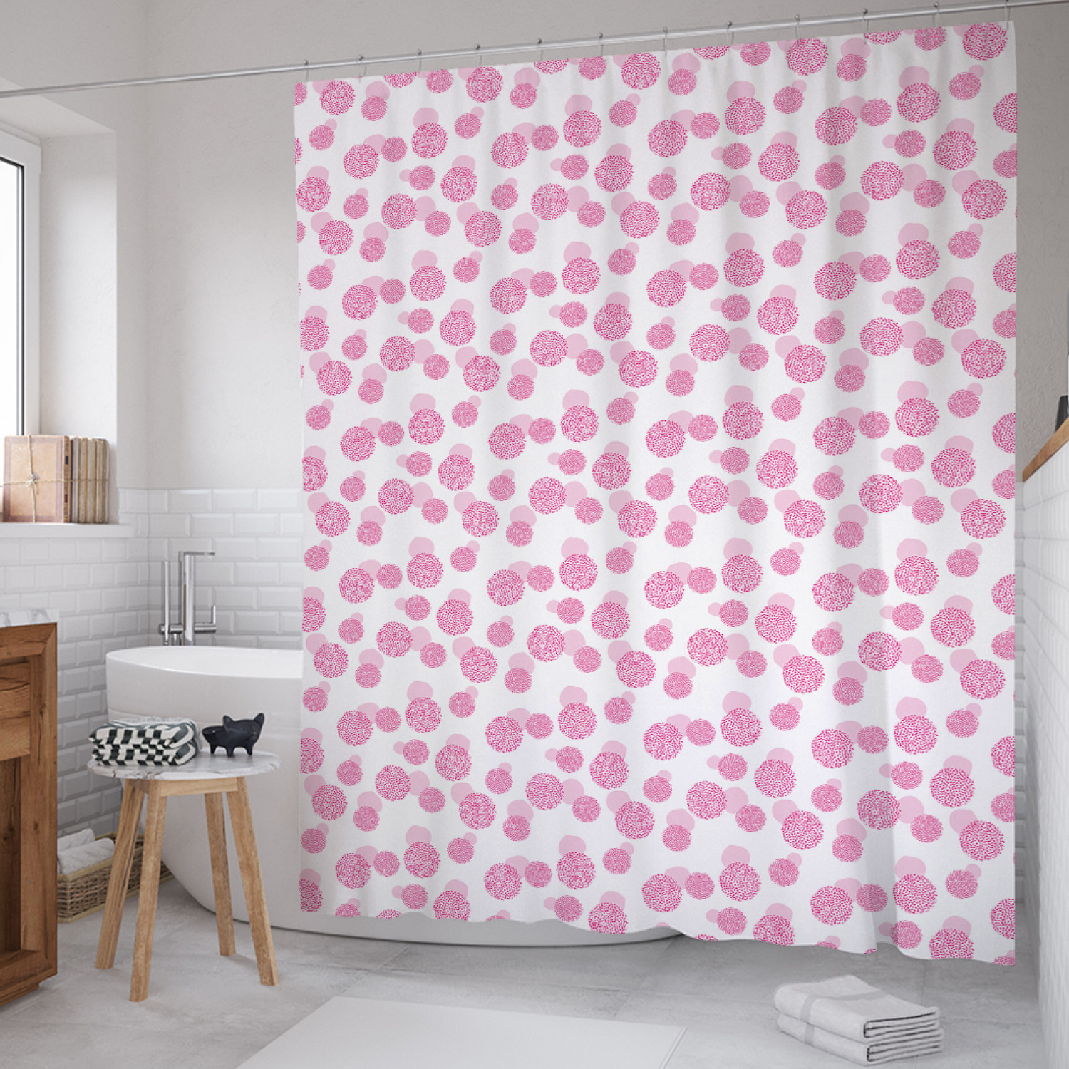 

Штора для ванной JoyArty "Точечный горох" из сатена, 180х200 см с крючками, Розовый, Точечный горох