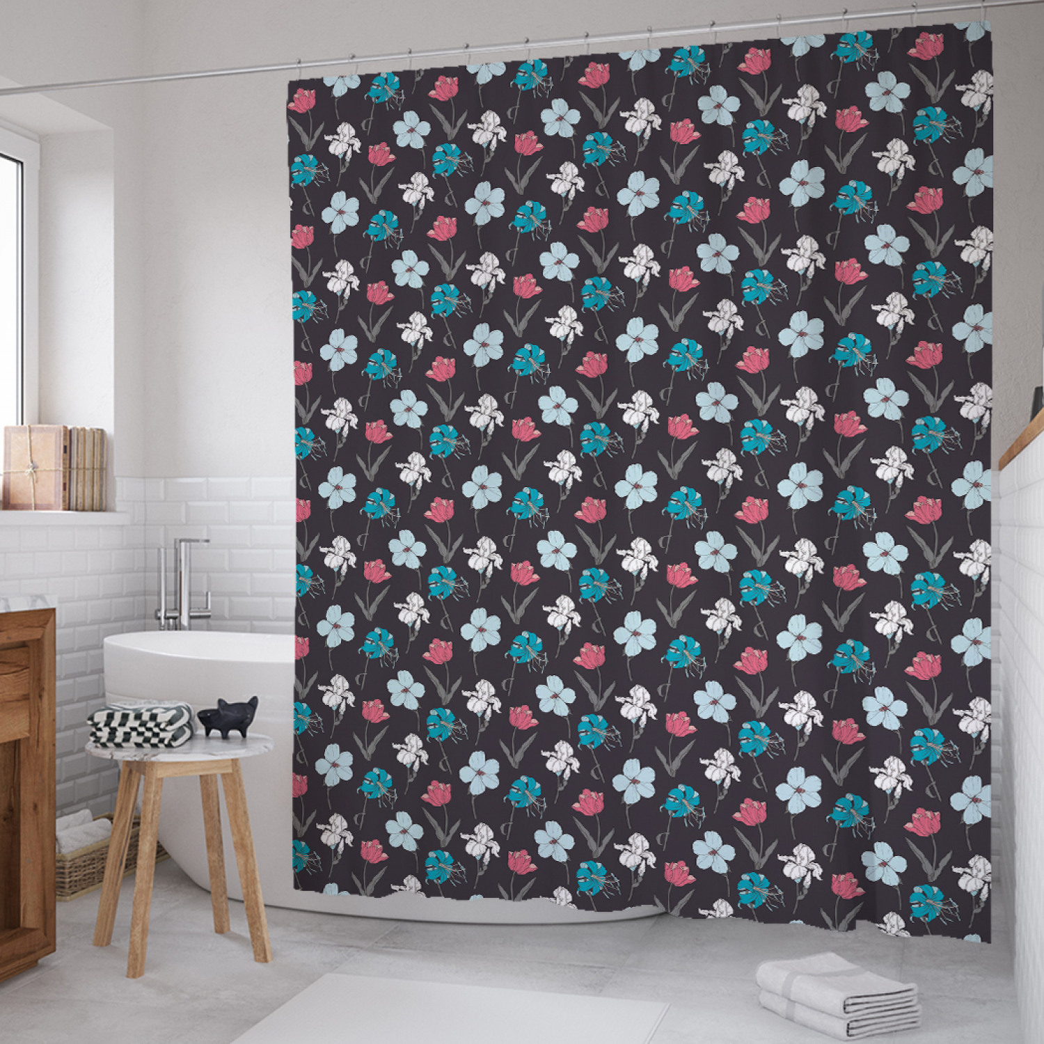 

Штора для ванной JoyArty "Ночные первоцветы" из сатена, 180х200 см с крючками, Зеленый, Ночные первоцветы