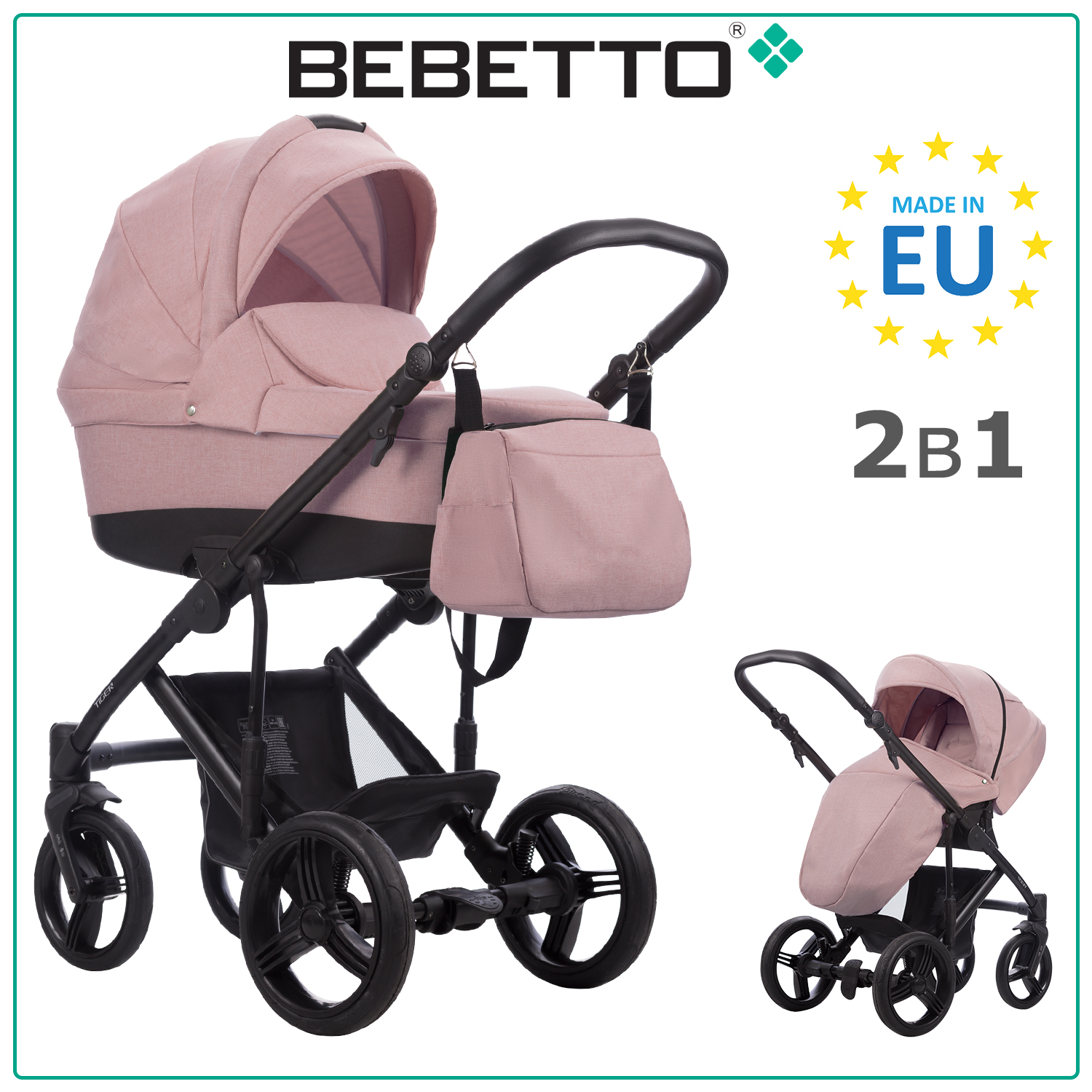 Коляска детская Bebetto 2 в 1 Tiger LUX 01, розовый, рама черная, 0+