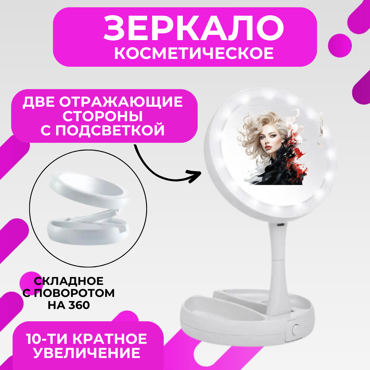 

Косметическое складное зеркало ТА833644K с подсветкой и USB, Белый