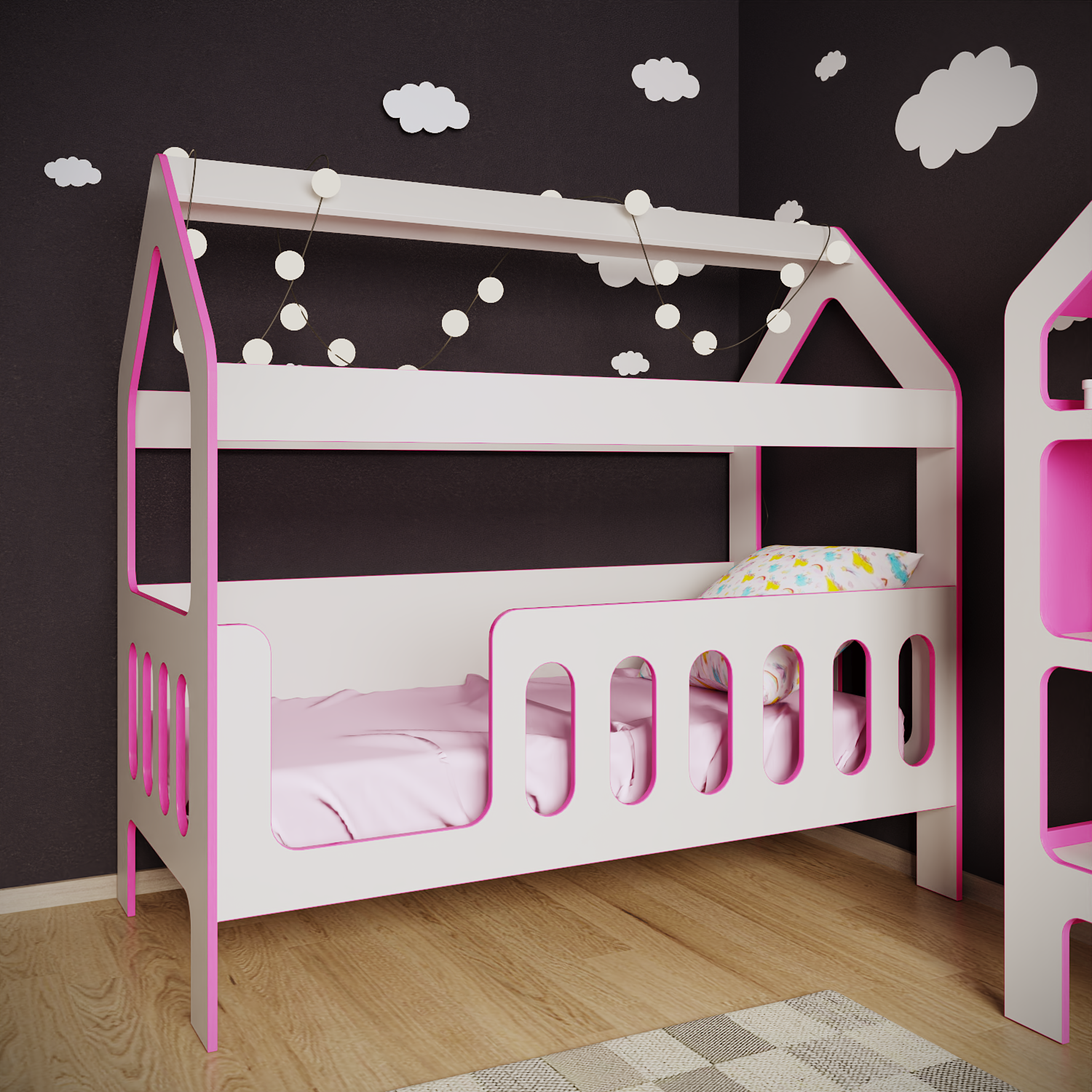 Кровать детская БазисВуд с бортиком, кровать-домик, вход слева, розовый, 160х80 см