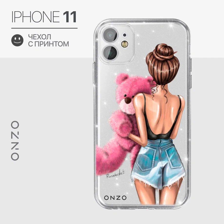 

Чехол на iPhone 11 блестящий с принтом "Мишка", Бежевый;розовый, CHIC iPhone 11