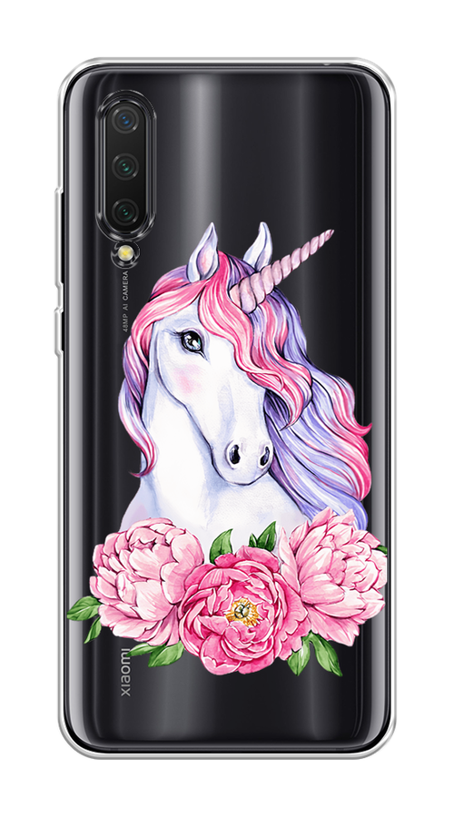 

Чехол на Xiaomi Mi CC9/Mi A3 Lite/Mi 9 Lite "Единорог с пионами", Розовый;белый;зеленый, 36250-1