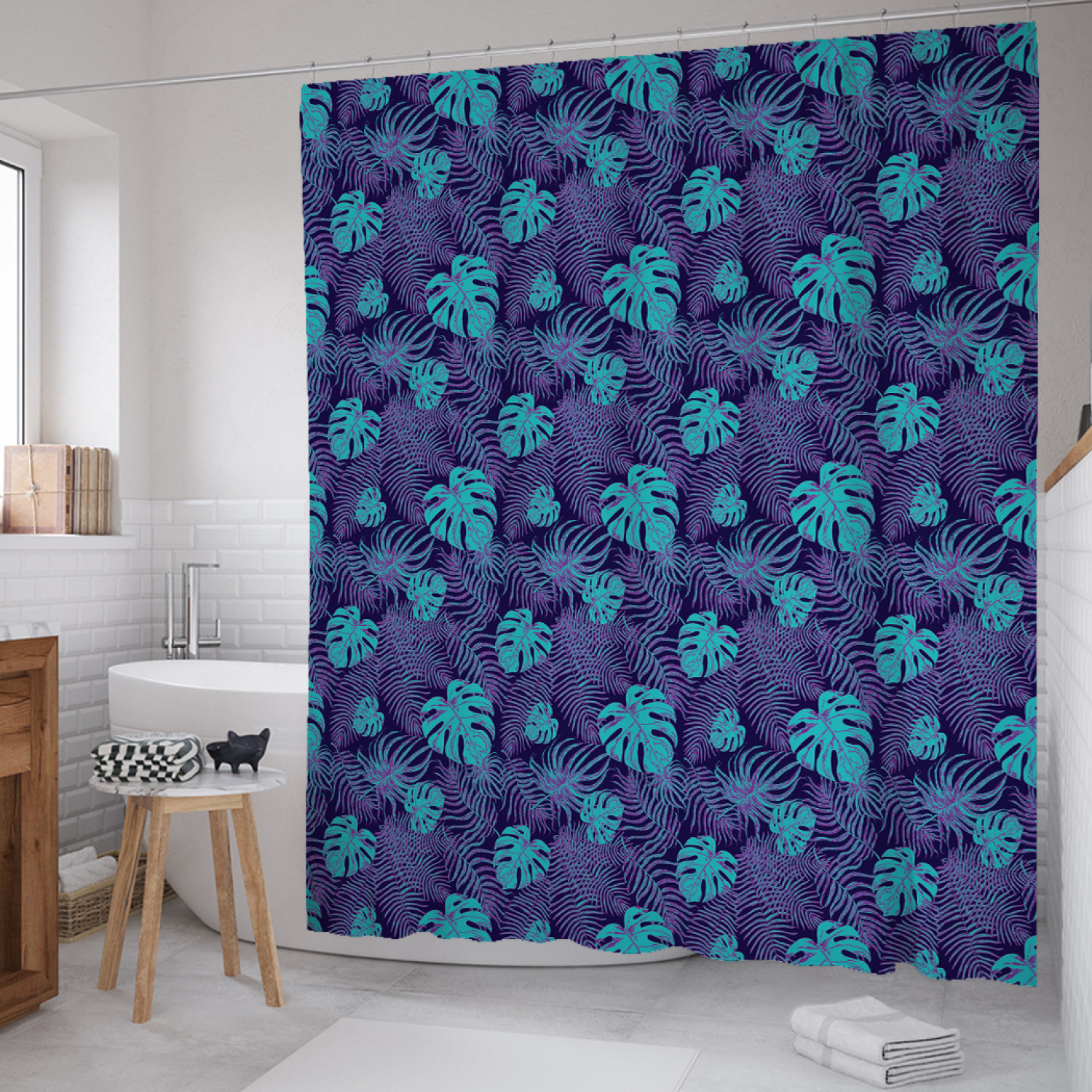 

Штора для ванной JoyArty "Ночные тропические листья" из сатена, 180х200 см с крючками, Синий, Ночные тропические листья