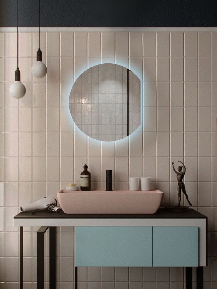 Зеркало для ванной Eclipse 50*40 круглое с правым срезом с холодной LED-подсветкой гирлянда роса 2 м 20 диодов голубой