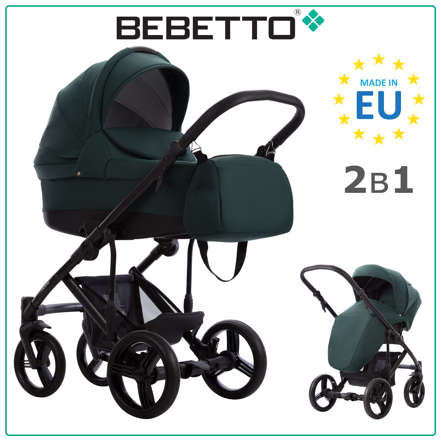 

Коляска детская Bebetto 2 в 1 Tiger 239, зеленый, рама черная, 0+, Tiger