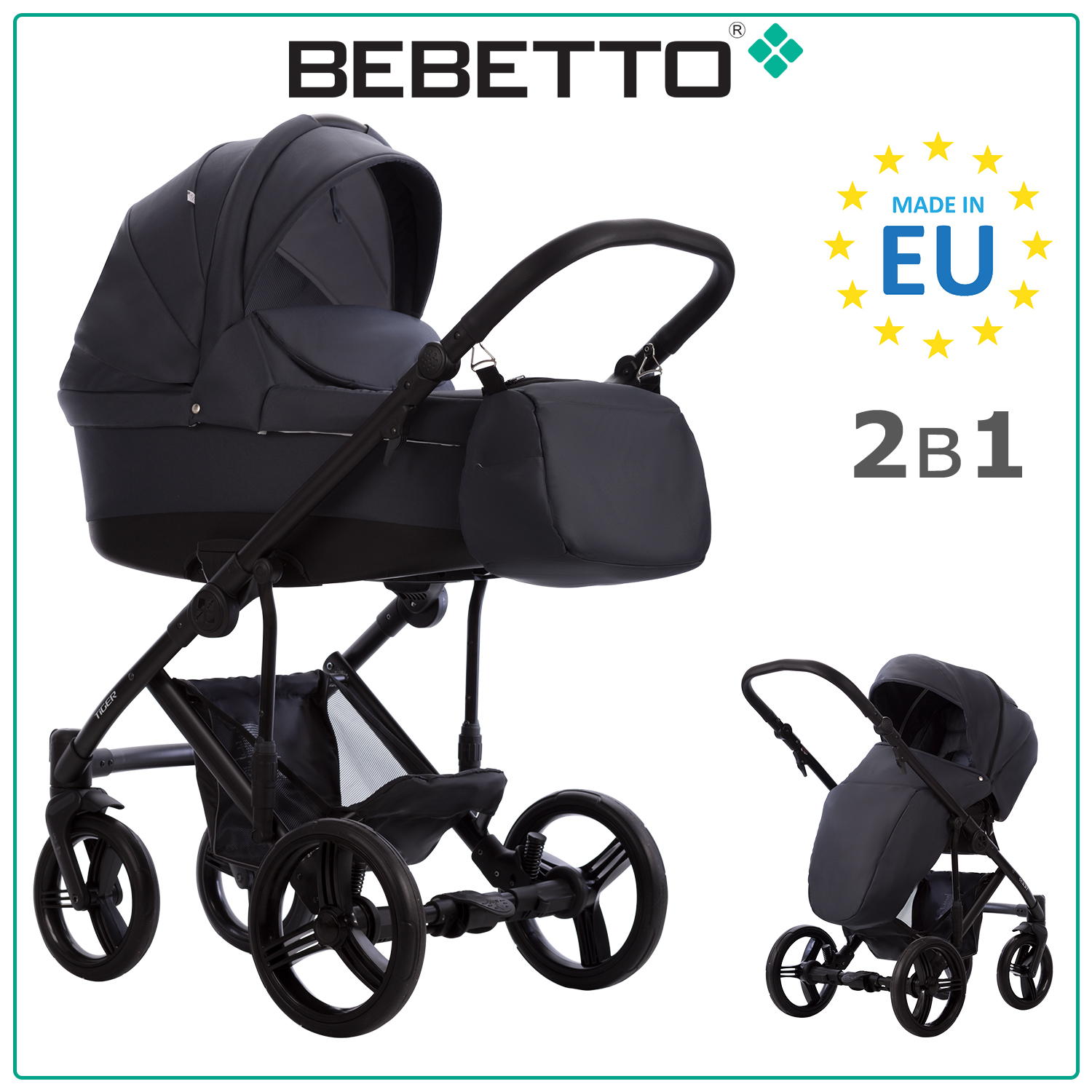 

Коляска детская Bebetto 2 в 1 Tiger 230, темно-серый, рама черная, 0+, Tiger