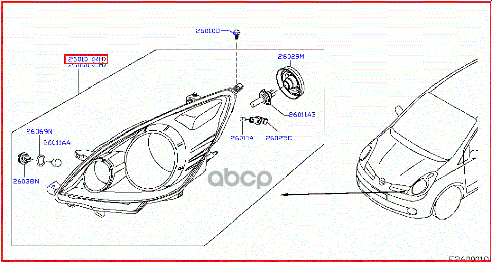 NISSAN 26010BH10B Фара правая в сборе 1шт