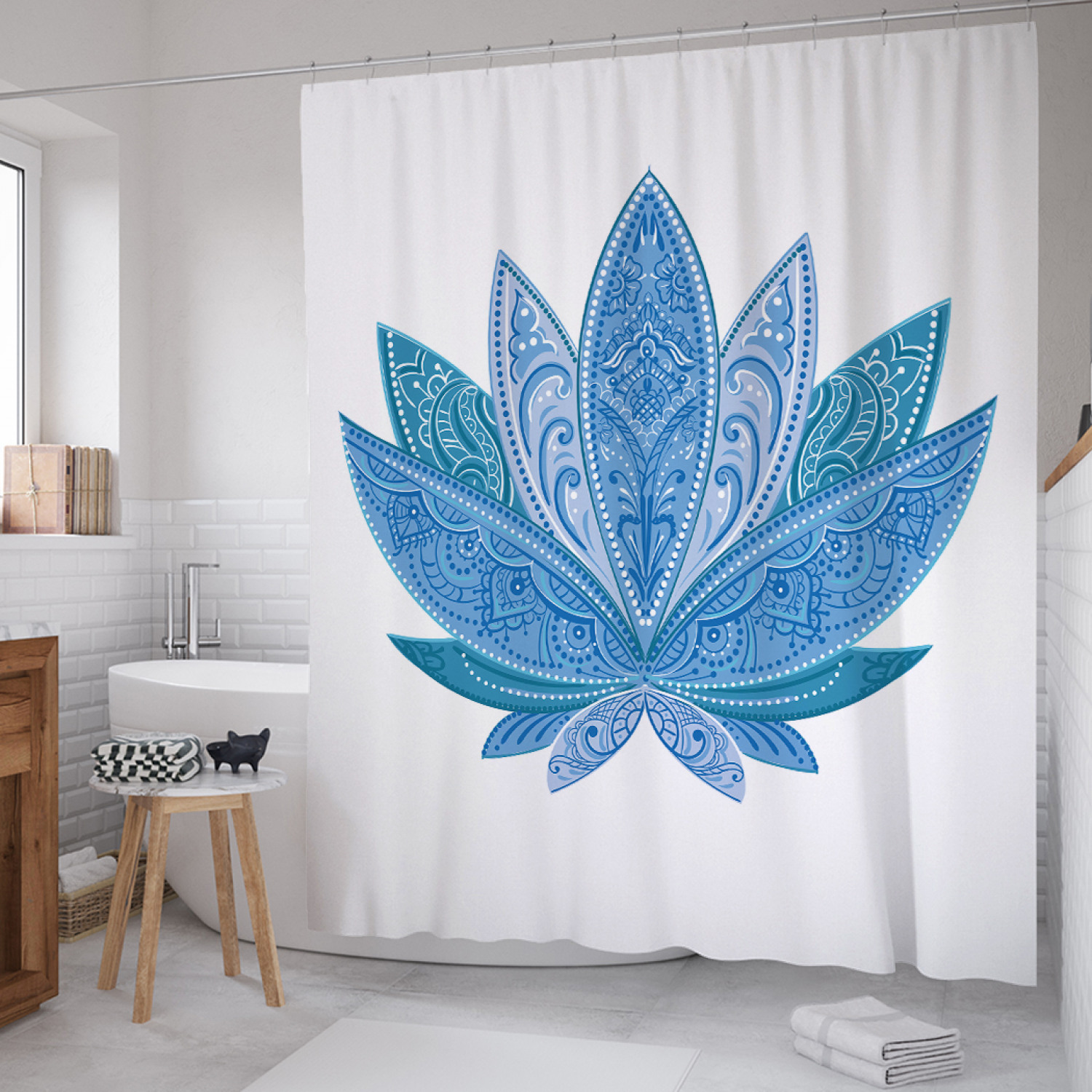 

Штора для ванной JoyArty "Небесный лотос" из сатена, 180х200 см с крючками, Белый, Небесный лотос