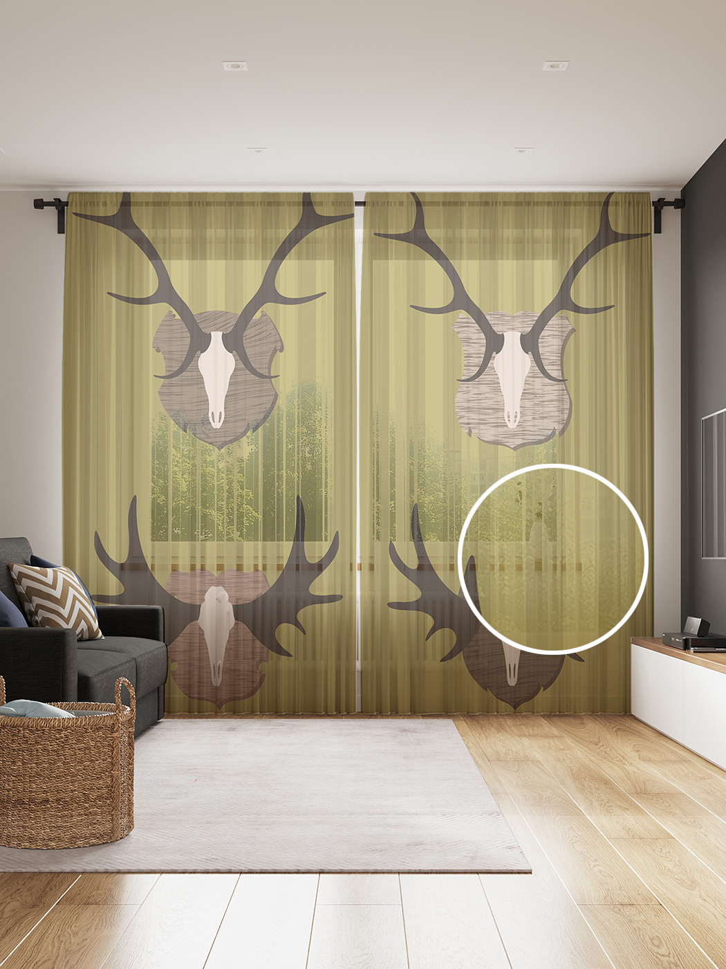 

Фототюль JoyArty "Оленьи рога на стене" 145x265см, 2 полотна, лента, 50 крючков, Оленьи рога на стене