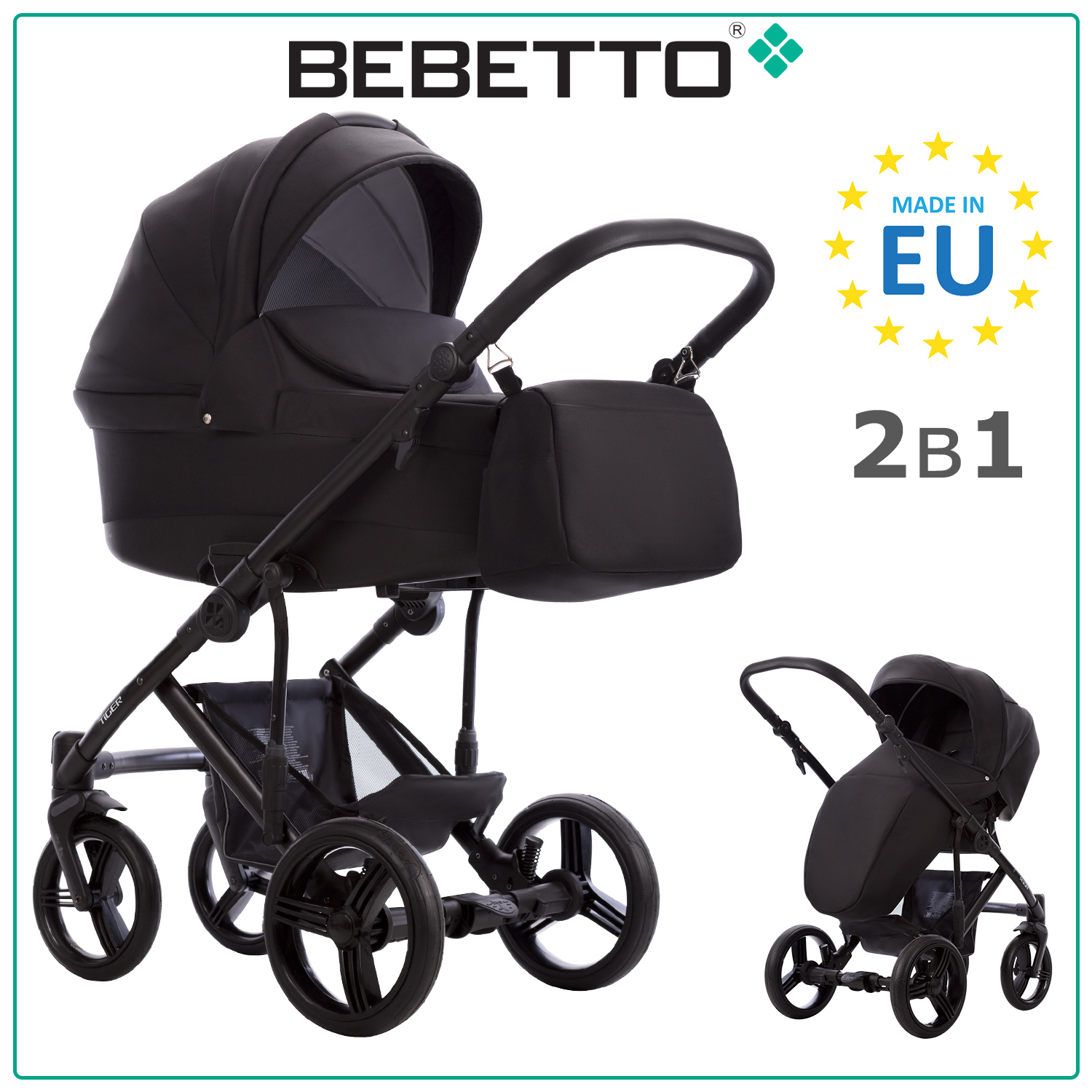 Коляска детская Bebetto 2 в 1 Tiger 202 черный рама черная 0 44480₽