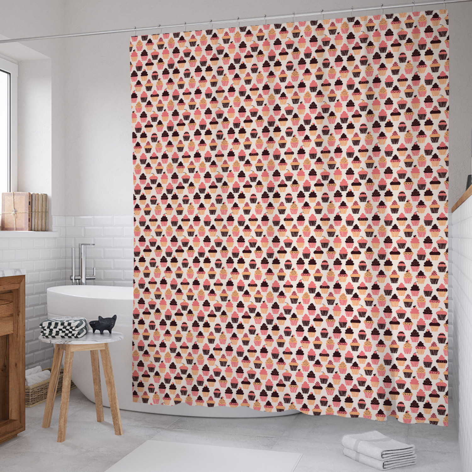 

Штора для ванной JoyArty "Разнообразие пирожных" из сатена, 180х200 см с крючками, Розовый, Разнообразие пирожных