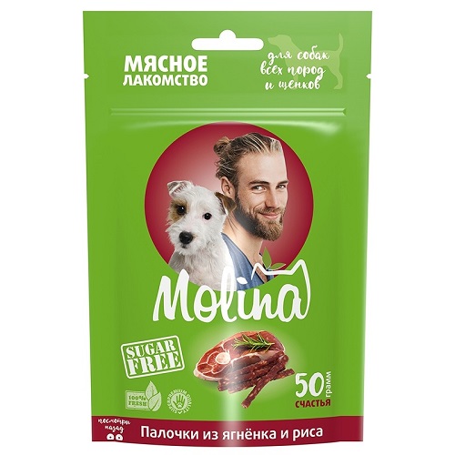 

Лакомство для собак и щенков Molina Палочки из ягнёнка и риса, 50 г