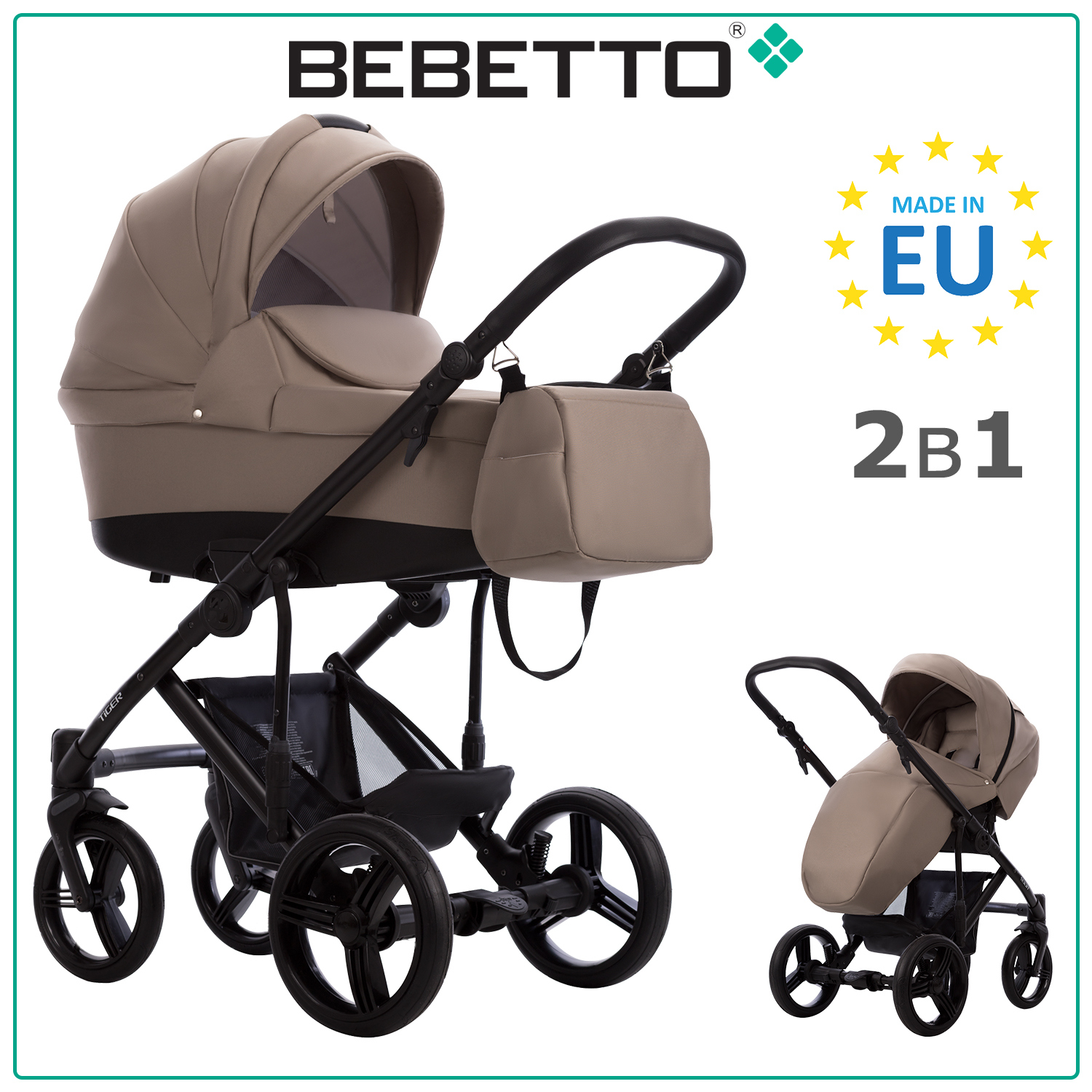 Коляска детская Bebetto 2 в 1 Tiger 148 бежевый рама черная 0 44480₽