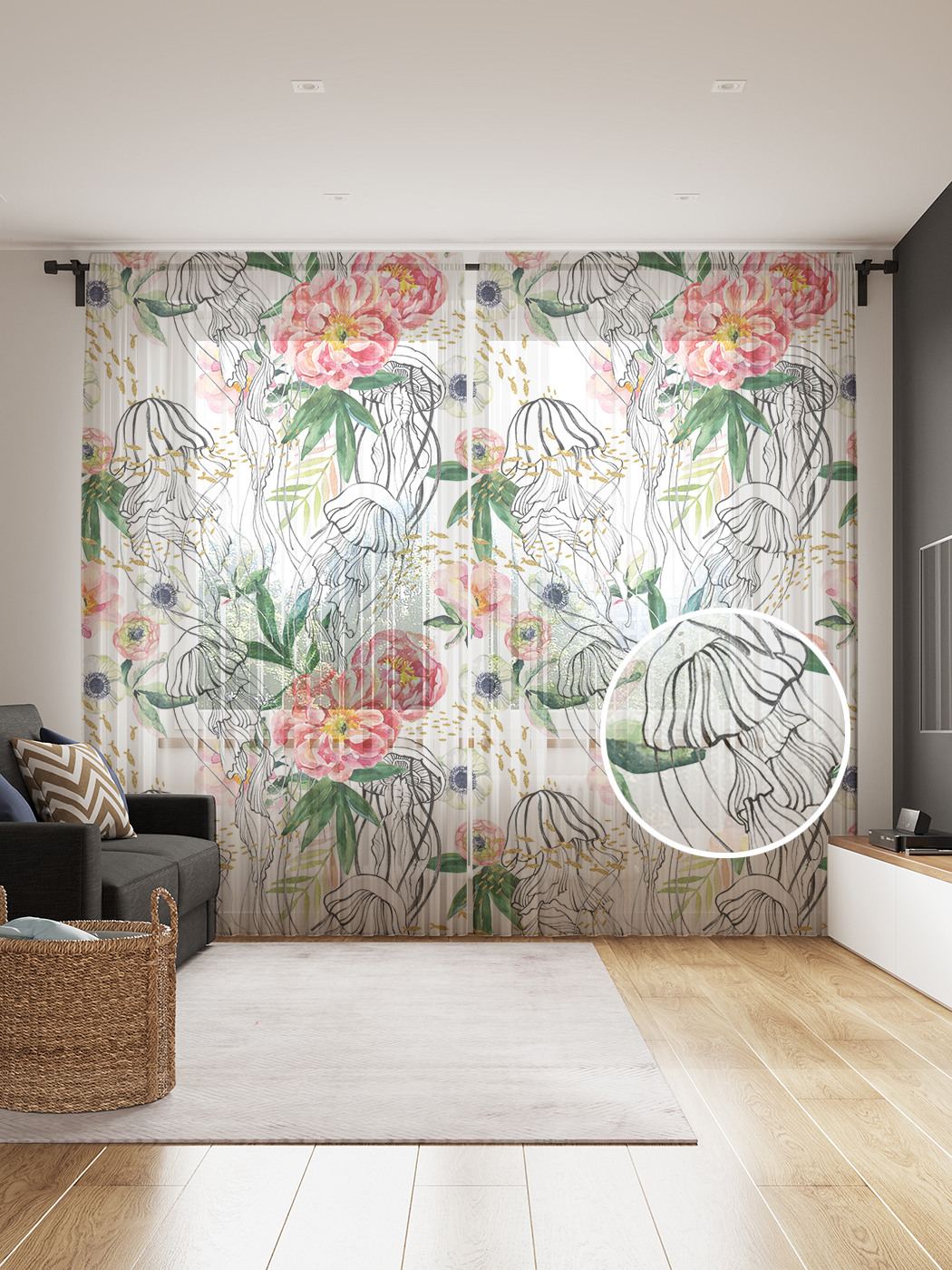 

Фототюль JoyArty "Медузины пионы", 145x265см (2 полотна со шторной лентой + 50 крючков), Медузины пионы