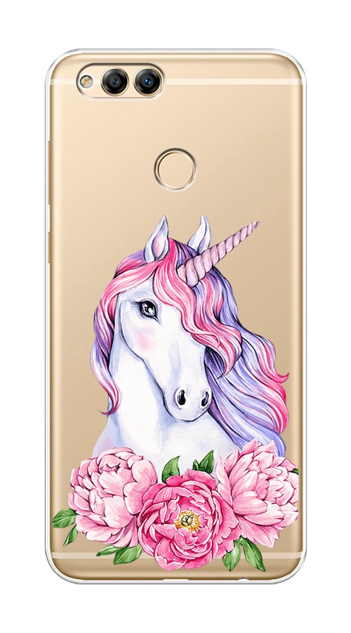 

Чехол на Honor 7X 2017 "Единорог с пионами", Розовый;белый;зеленый, 63750-1