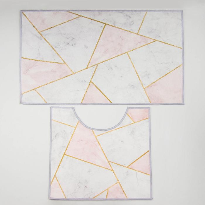 фото Набор ковриков для ванны и туалета доляна «гео», 2 шт: 50×80, 40×50 см, цвет розово-серый