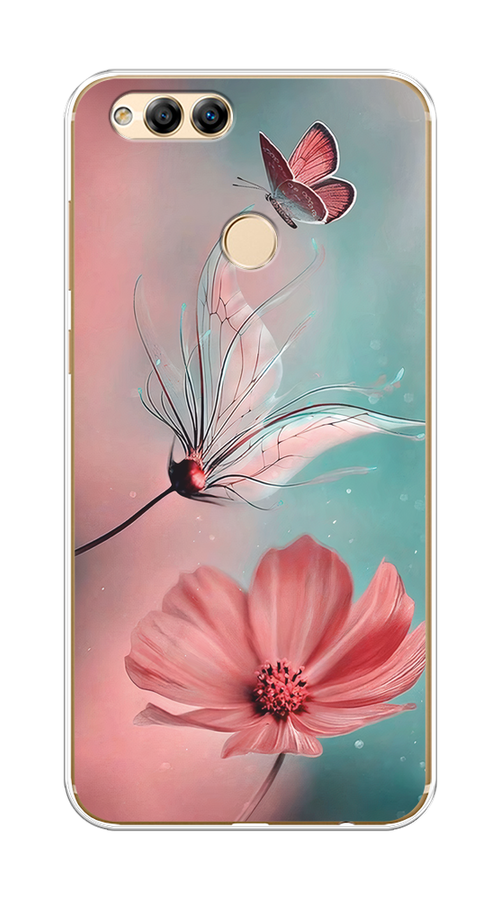 

Чехол на Honor 7X 2017 "Бабочка и цветок", Голубой;розовый, 63750-1