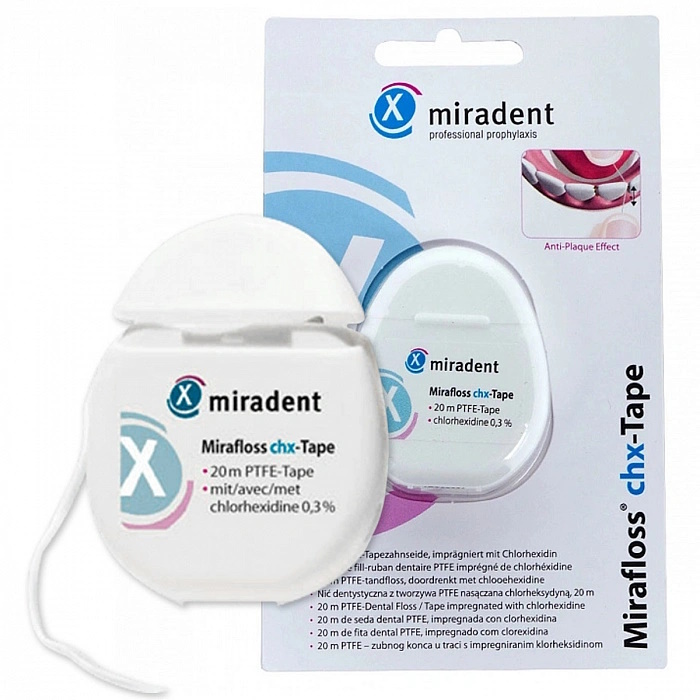 Нить Miradent вощеная с хлоргексидином Mirafloss Chx-Tape, 20 м гель depiltouch универсальный очищающий с энзимами граната алоэ и хлоргексидином 300 мл