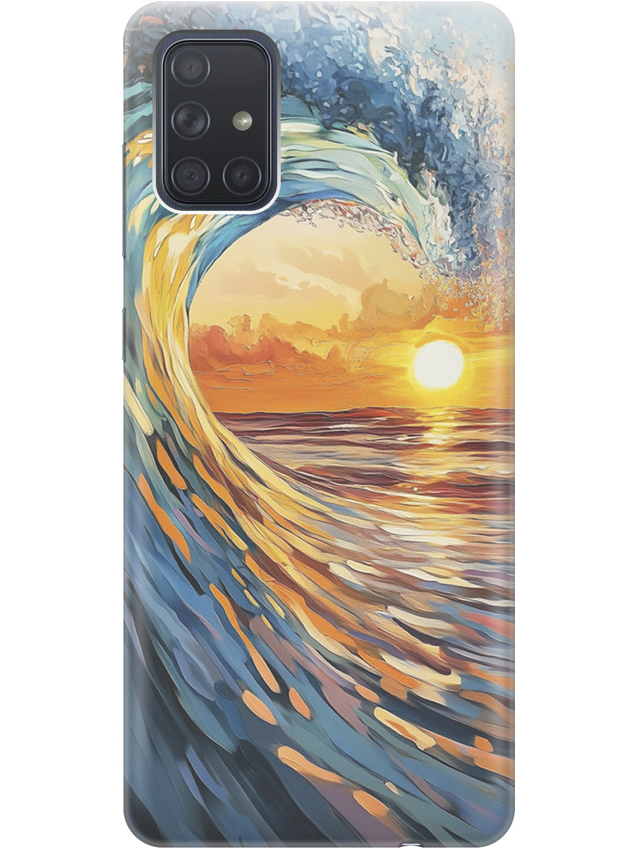 

Силиконовый чехол на Samsung Galaxy A71 с принтом "Волна и закат", Прозрачный;желтый;синий, 722411441
