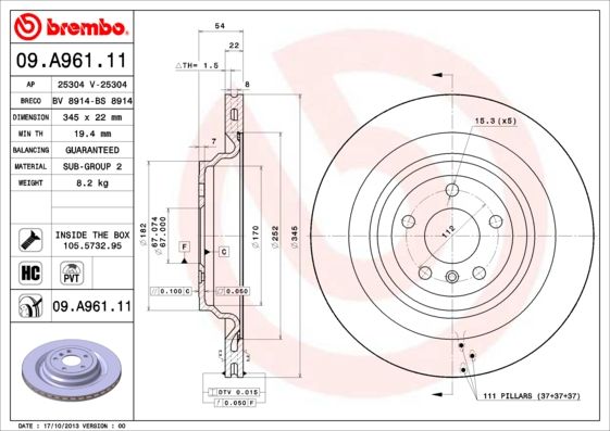 

Тормозной диск brembo задний 345x22 мм 5 отверстий 09A96111