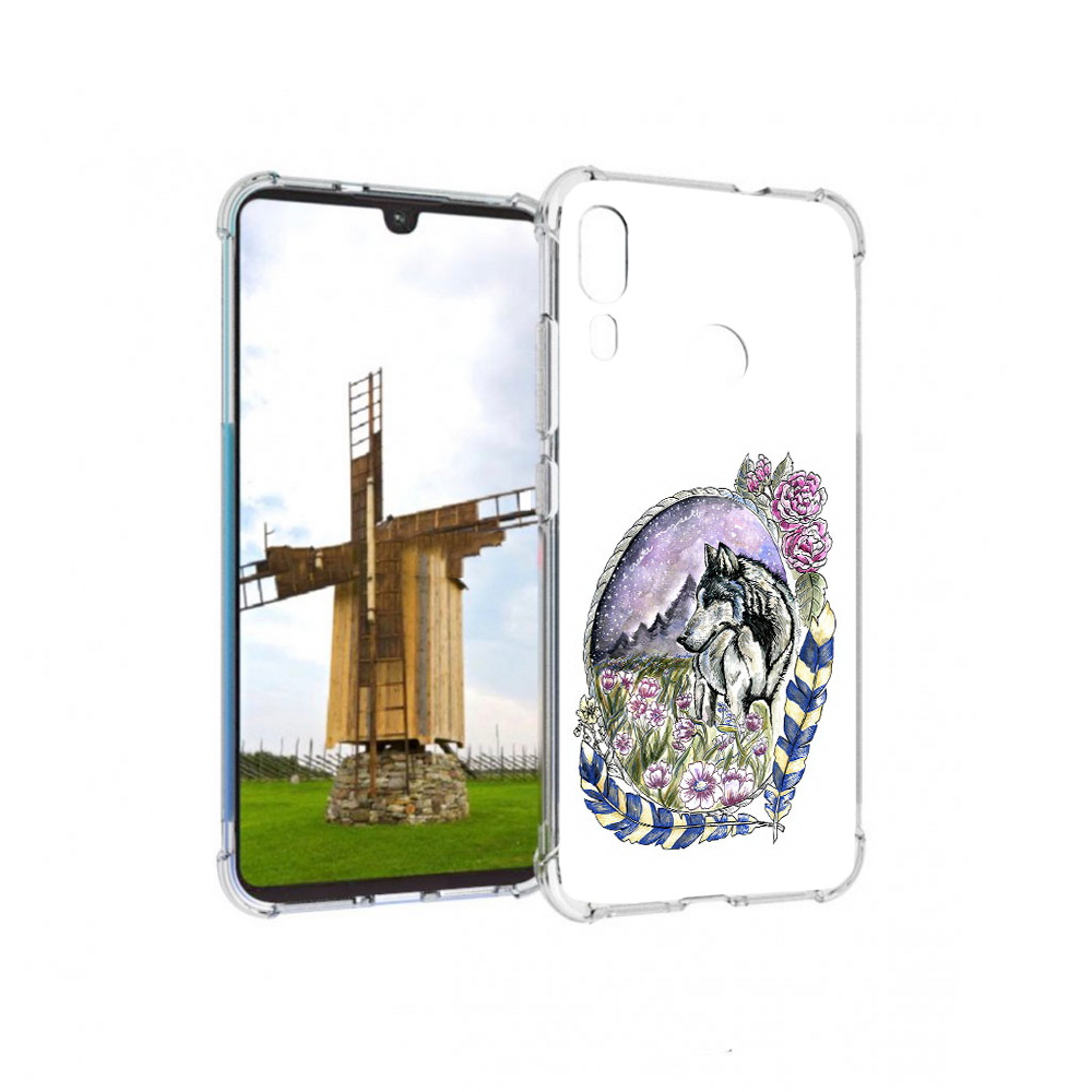 

Чехол MyPads Tocco для Motorola Moto E6 Plus нарисованный волк в цветах с перьями, Прозрачный, Tocco