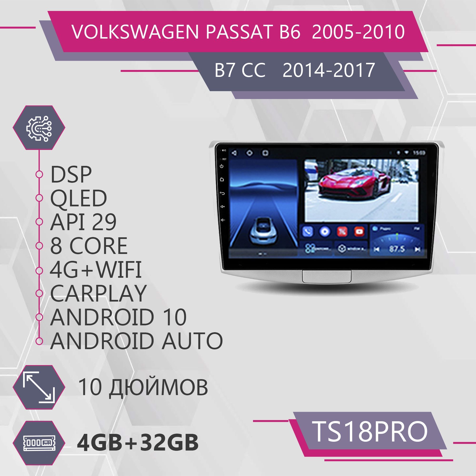 Магнитола Точка Звука TS18Pro для Volkswagen Passat B6 7 B7 Фольксваген Пассат 4+32GB