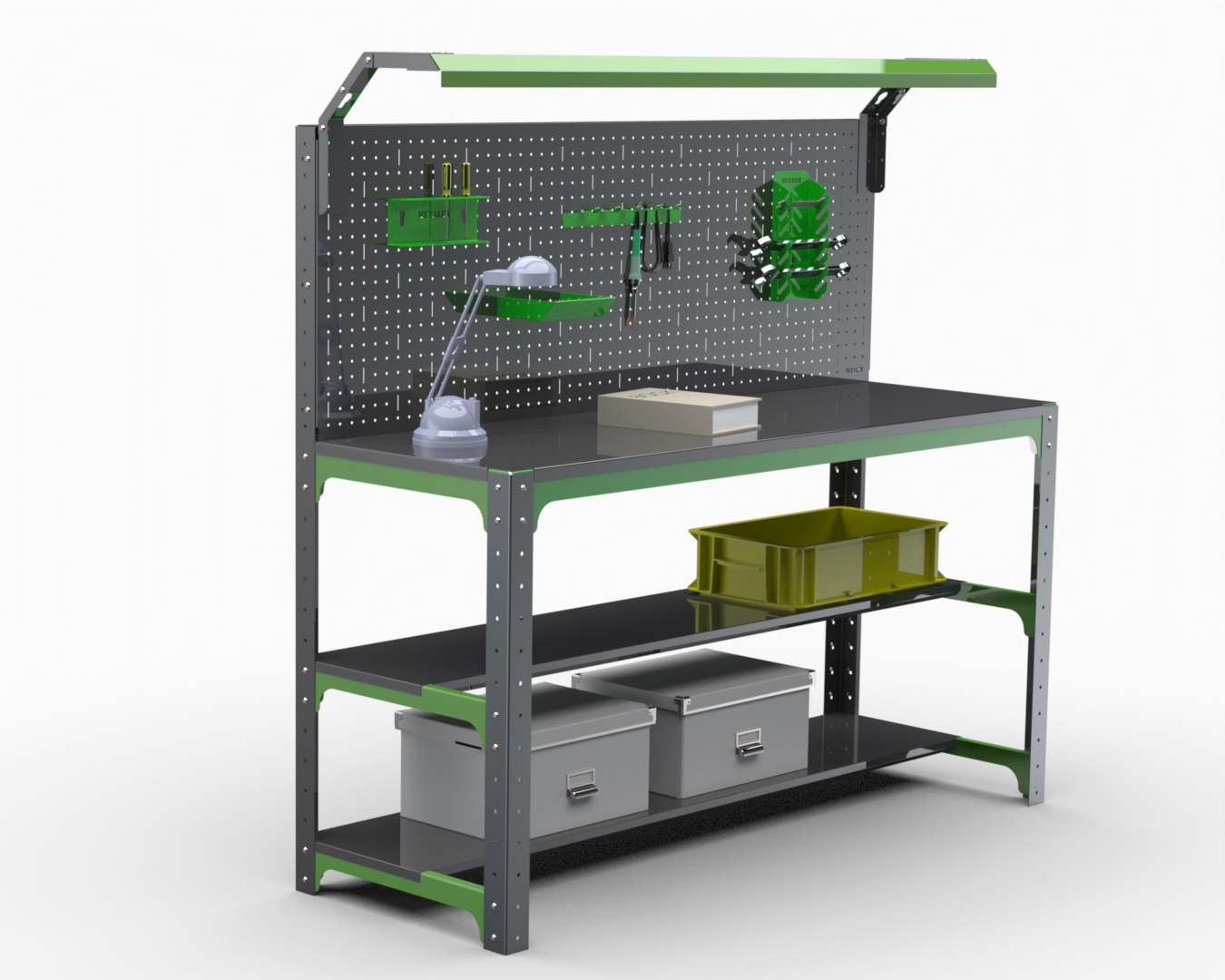 

Стол металлический Metalex 201144 KIT 750х1500х600 2 полки + перфопанель с освещением, Зеленый;серый