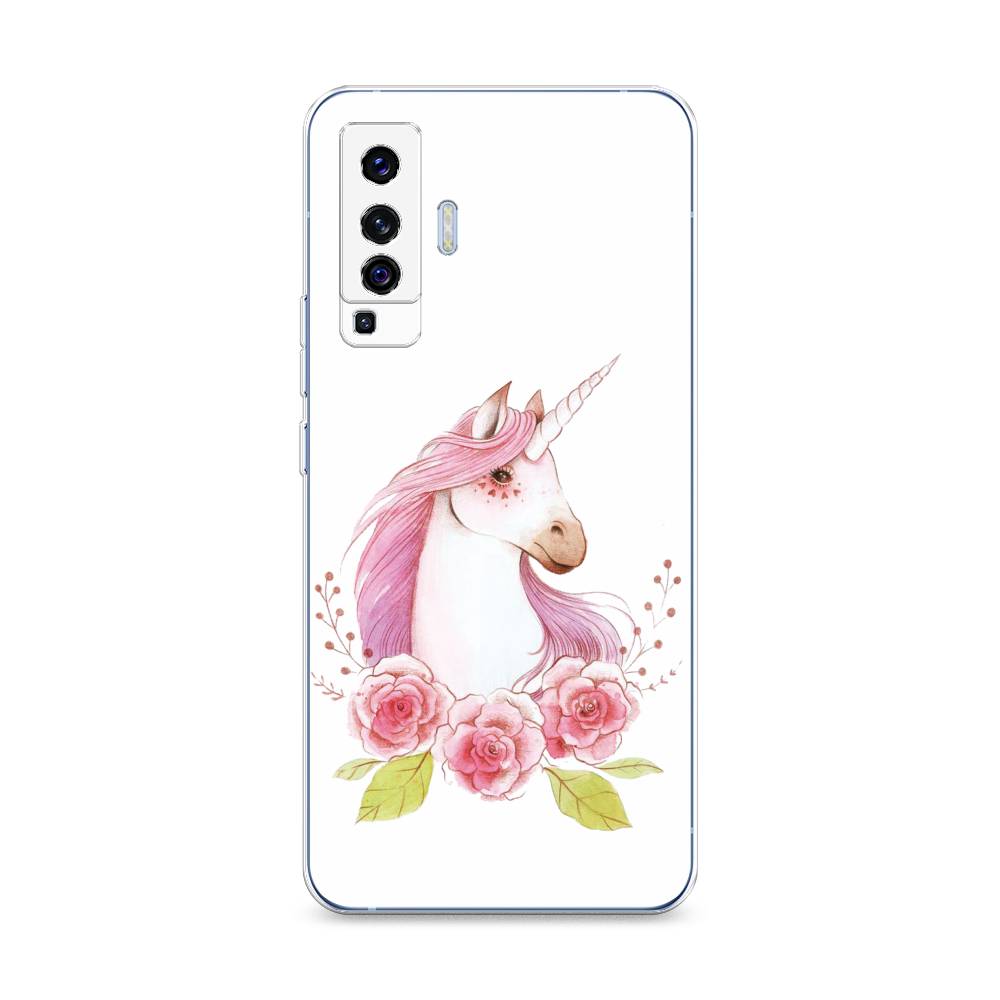 

Чехол на Vivo X50 "Единорог цветы", Белый;розовый;серый, 262250-1