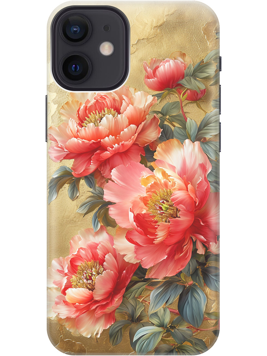 

Силиконовый чехол на Apple iPhone 12 Mini с принтом "Винтажные пионы", Прозрачный;зеленый;золотистый;красный, 723374023