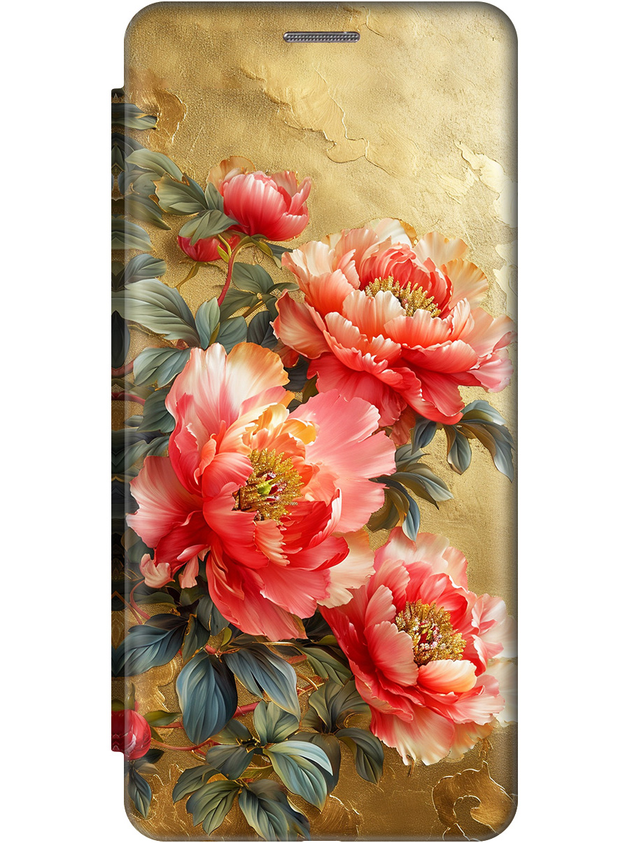 

Чехол-книжка на Tecno Pop 6 Pro с принтом "Винтажные пионы" золотой, Золотистый;зеленый;красный, 757013023